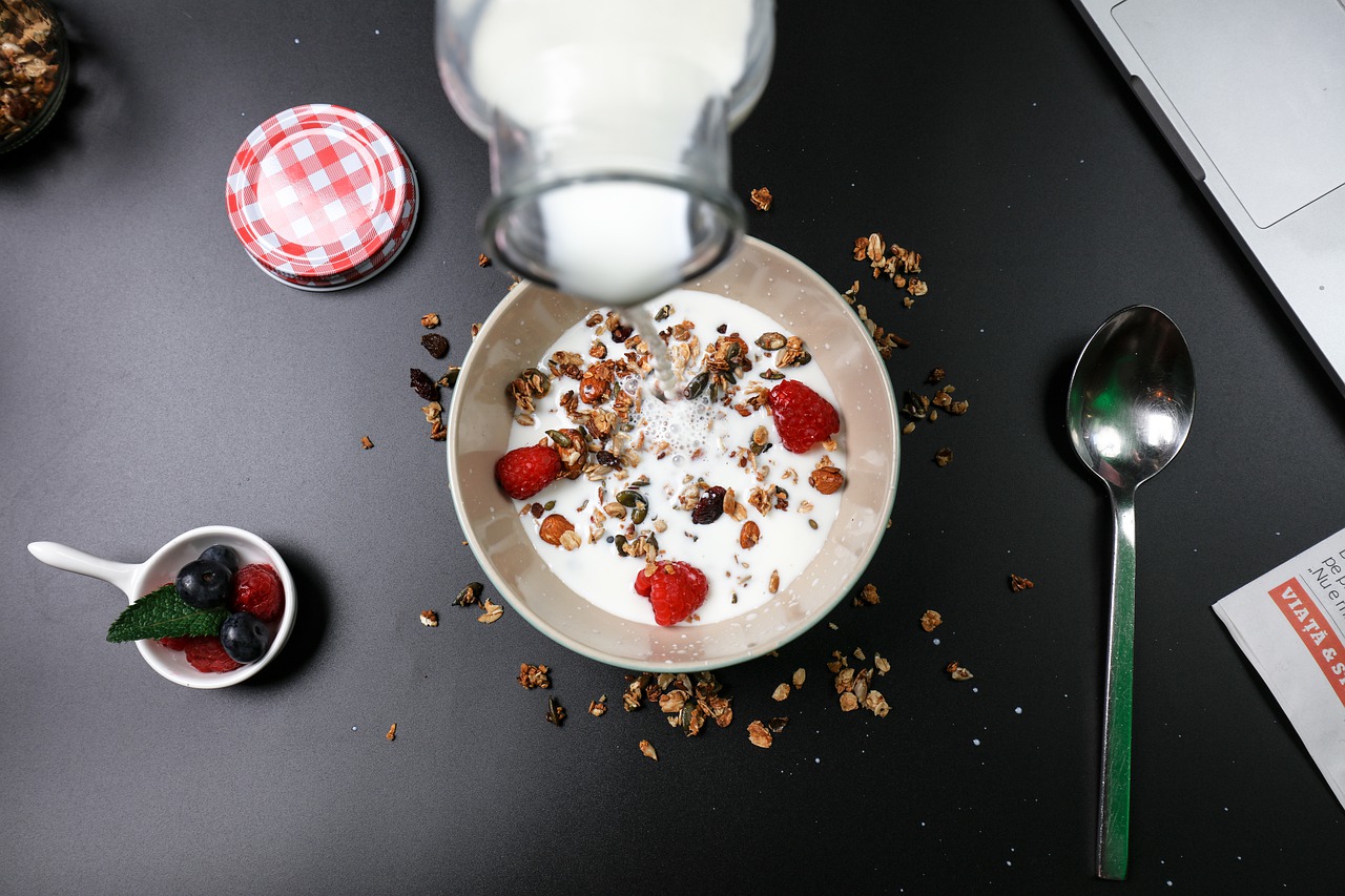 Bowl de cereal con leche y frutos rojos